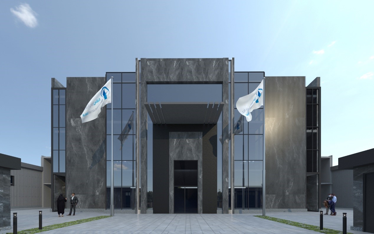 نمای ساختمان اداری مجموع صنعتی به سبک ترکیبی-مدرن با تلفیق شیشه و سنگ